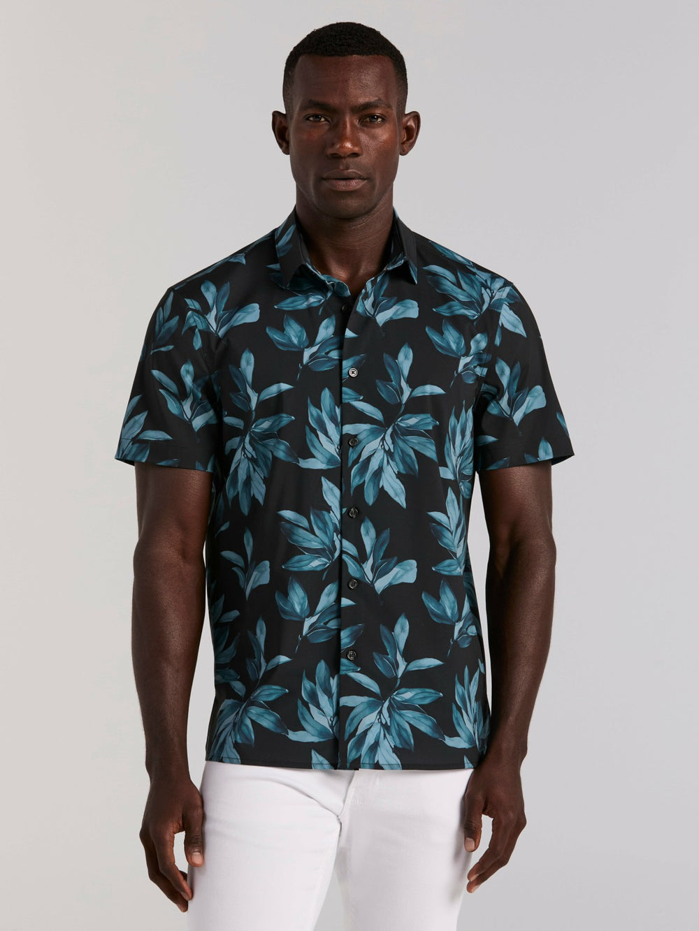 Magnolia Leaf Print Total Stretch Shirt - Perry Ellis US
