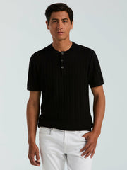 Cotton Textured Striped Button Crew Neck Sweater - Perry Ellis sale