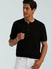 Cotton Textured Striped Button Crew Neck Sweater - Perry Ellis sale
