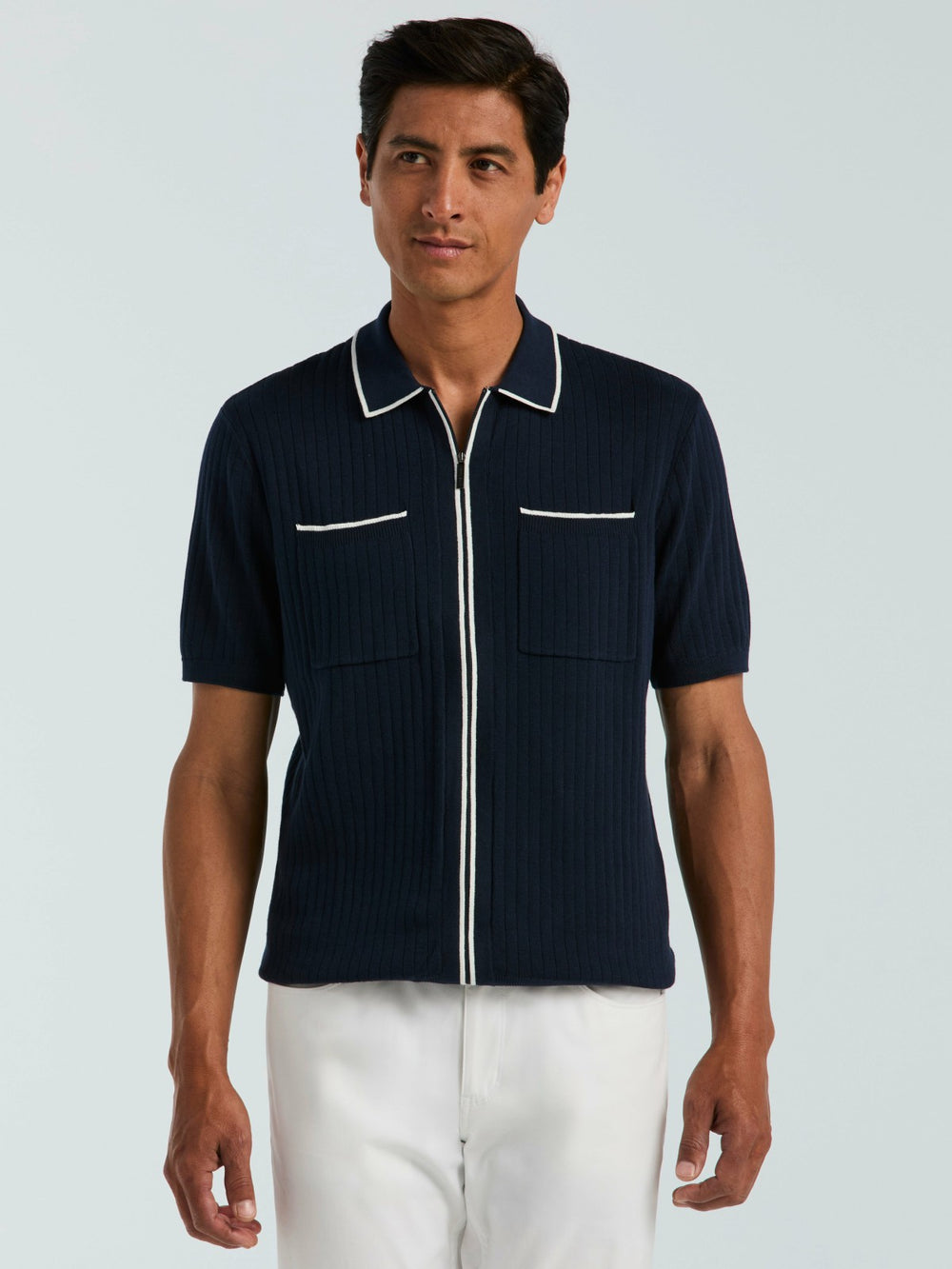Cotton Tipped Ribbed Full Zip Sweater - Perry Ellis for sale