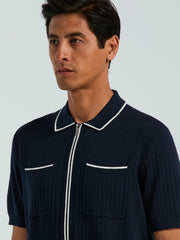 Cotton Tipped Ribbed Full Zip Sweater - Perry Ellis for sale