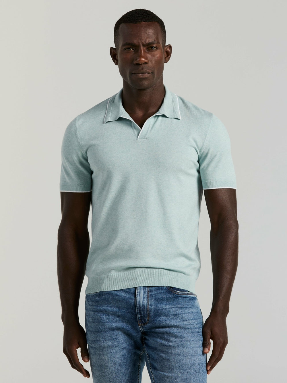 Tech Knit Open Collar Tipped Sweater Polo - Perry Ellis for sale