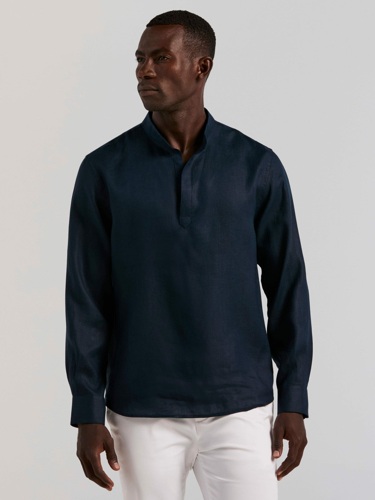 Solid Linen Popover Shirt -  Perry Ellis US