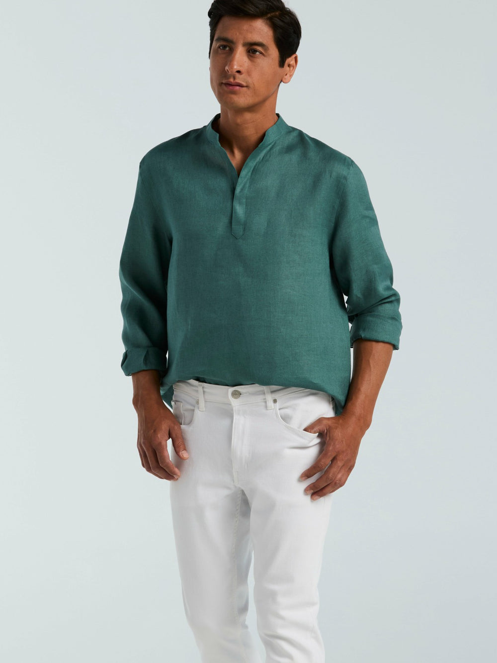 Solid Linen Popover Shirt -  Perry Ellis US