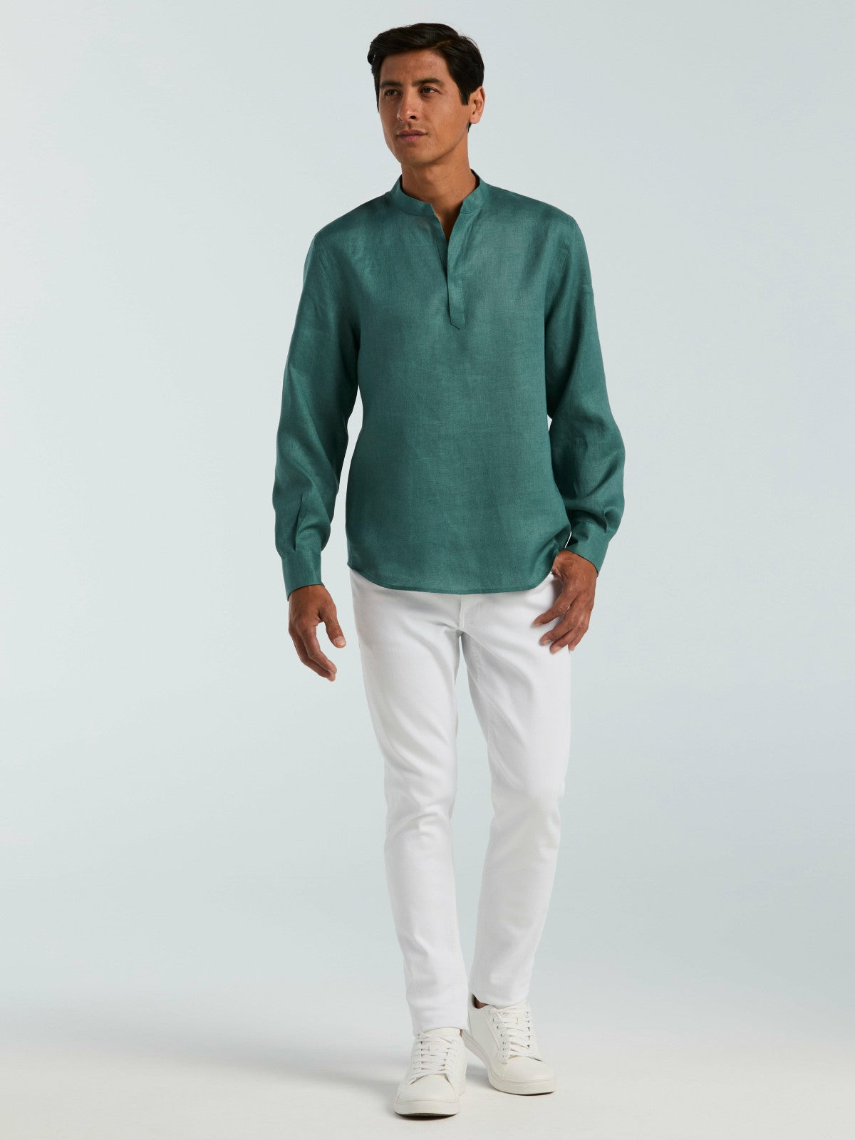 Solid Linen Popover Shirt -  Perry Ellis US