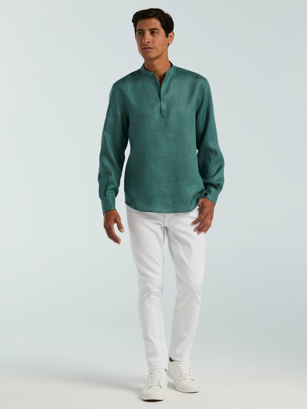 Solid Linen Popover Shirt -  Perry Ellis US