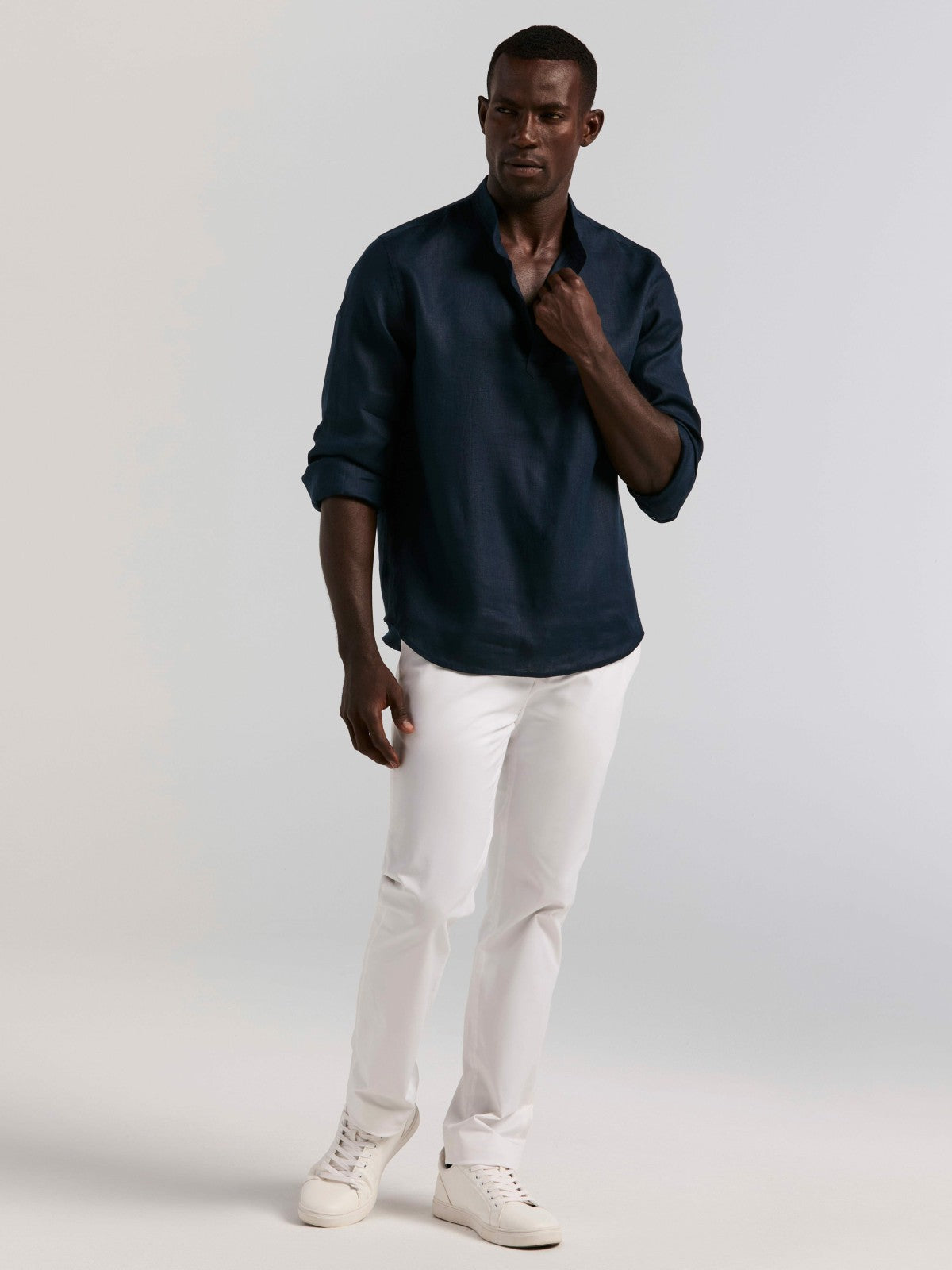 Solid Linen Popover Shirt -  Perry Ellis US