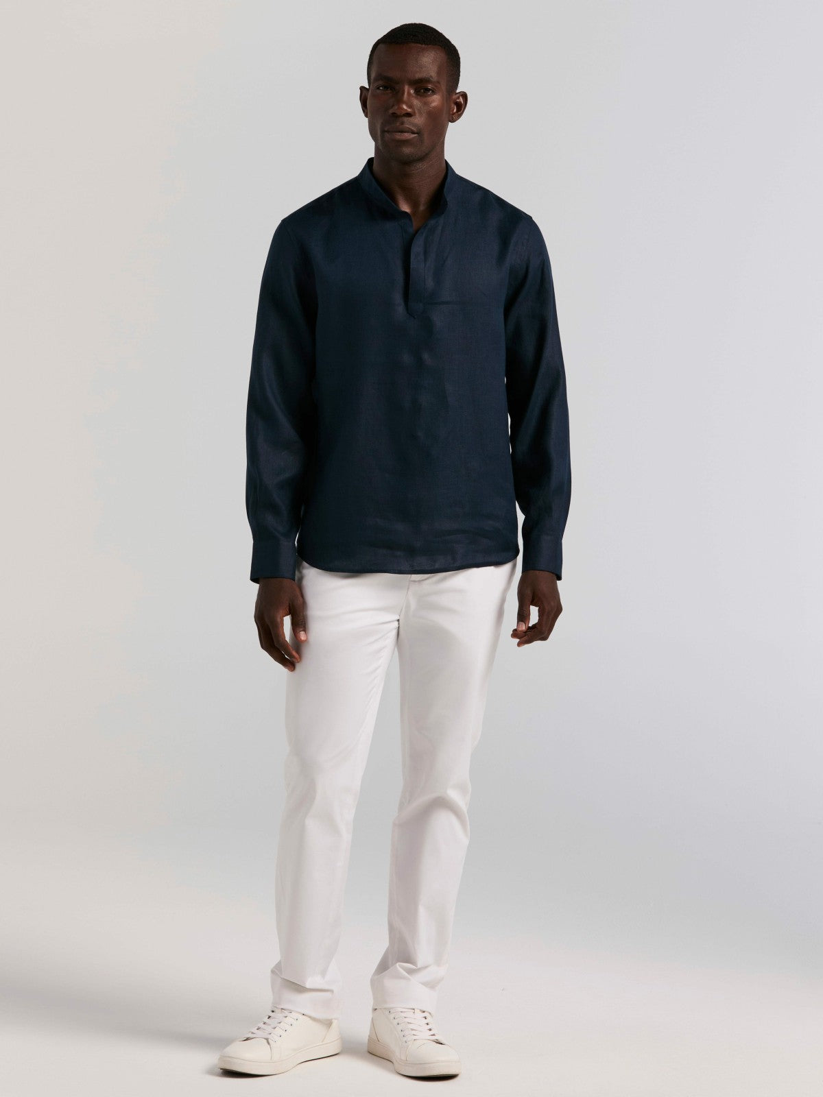 Solid Linen Popover Shirt -  Perry Ellis US