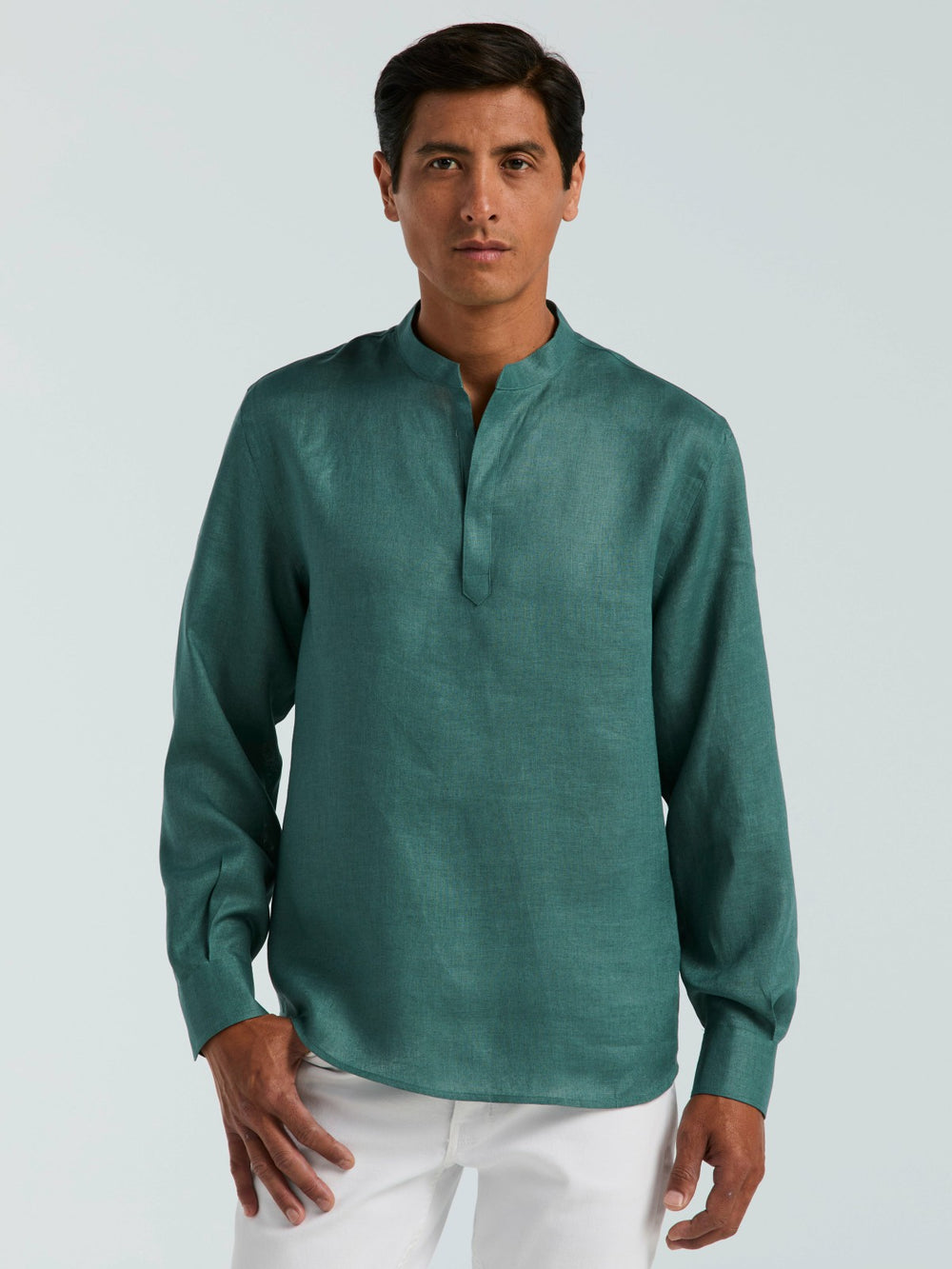 Solid Linen Popover Shirt -  Perry Ellis US