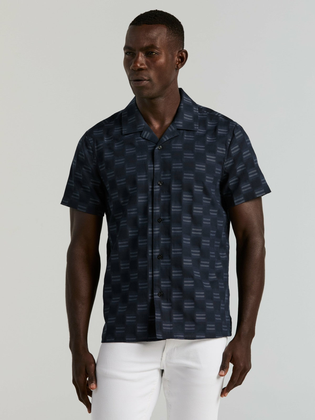 Cotton Clipped Dobby Camp Collar Shirt -  Perry Ellis US