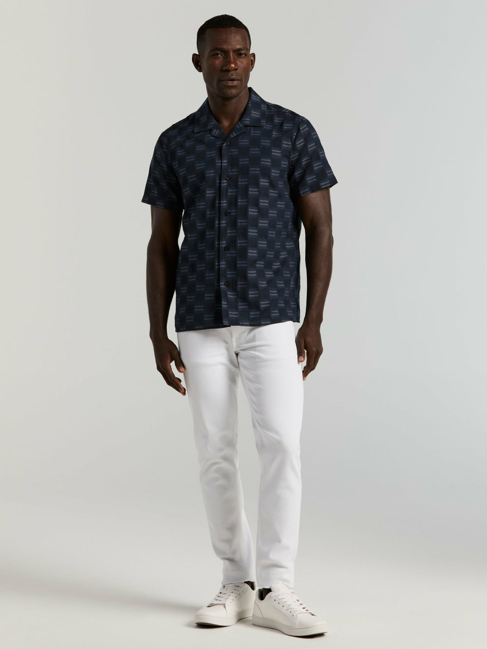 Cotton Clipped Dobby Camp Collar Shirt -  Perry Ellis US
