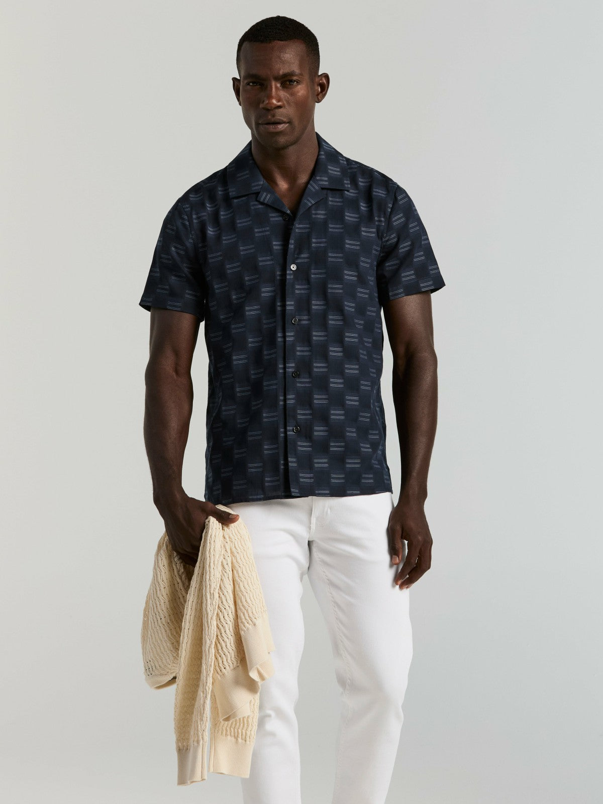 Cotton Clipped Dobby Camp Collar Shirt -  Perry Ellis US