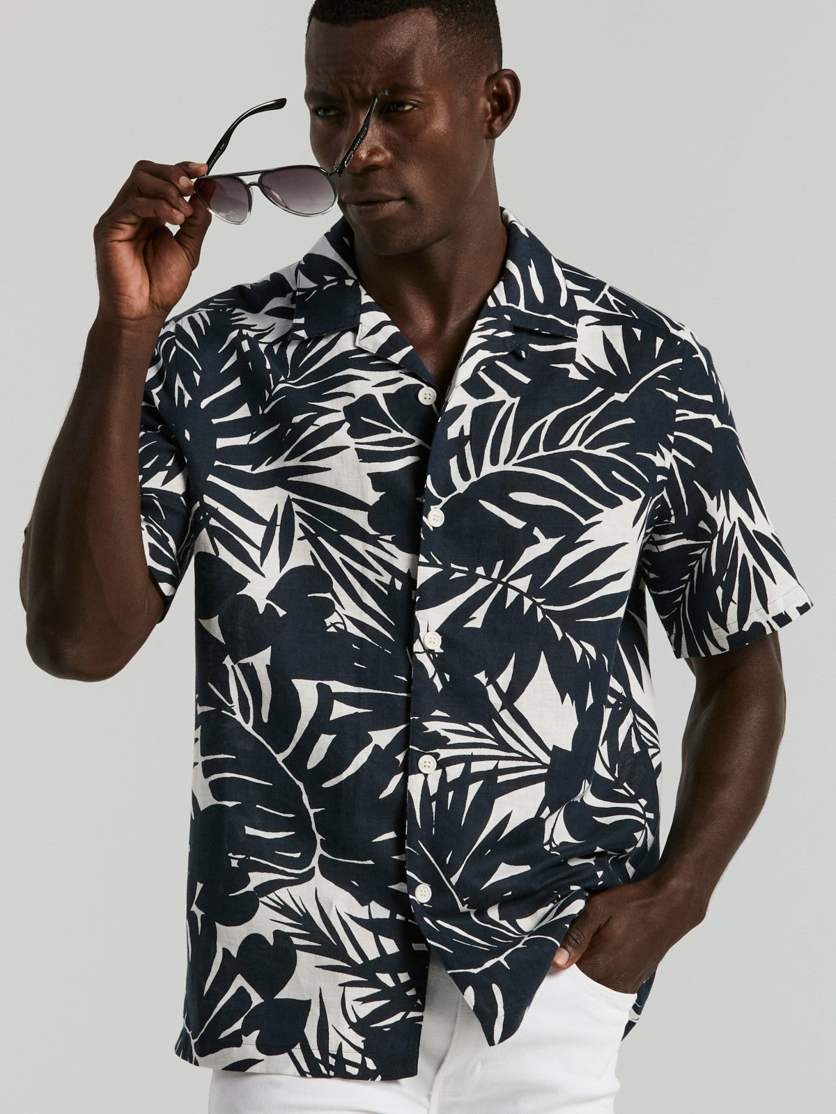 Tropical Leaf Print Camp Collar Shirt -  Perry Ellis sale