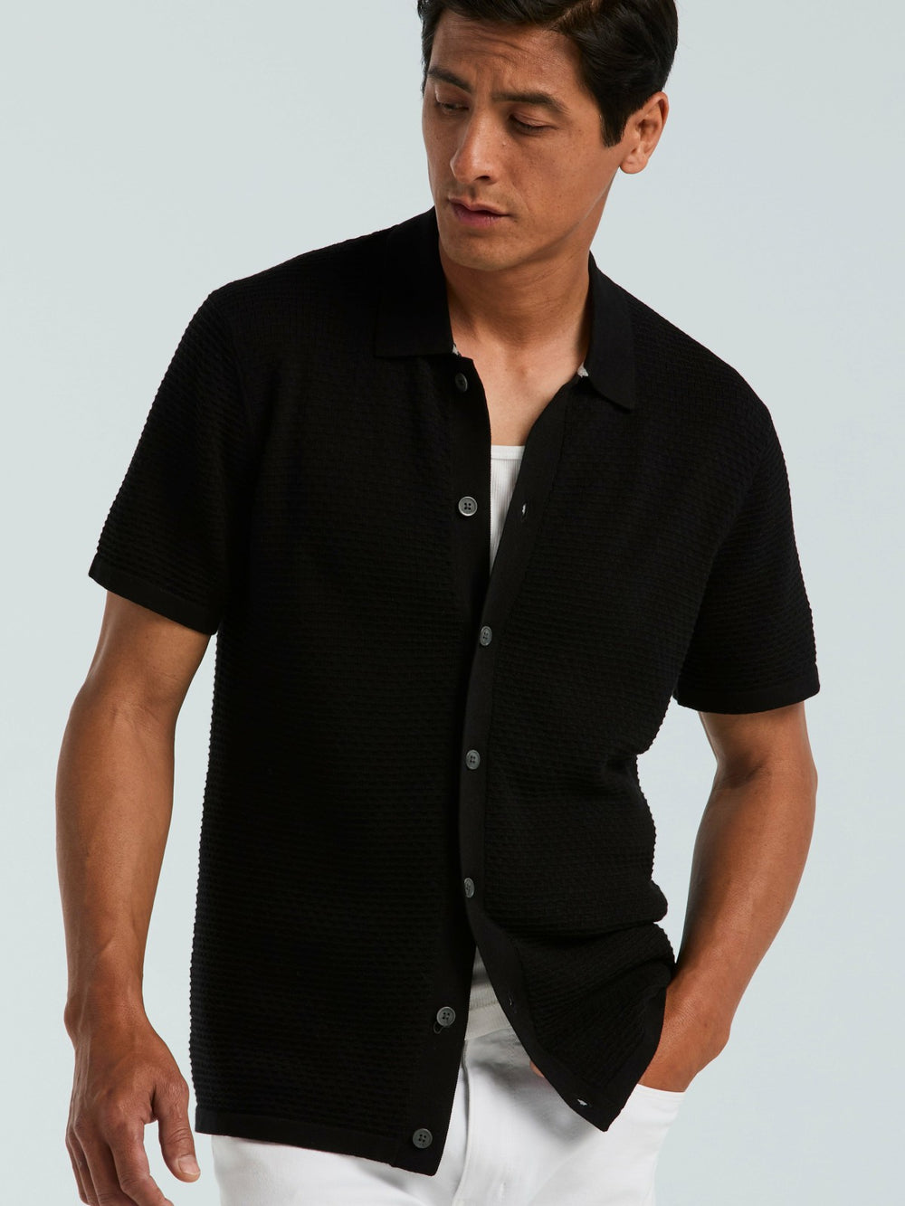 Cotton Wavy Knit Button Front Sweater -  Perry Ellis US