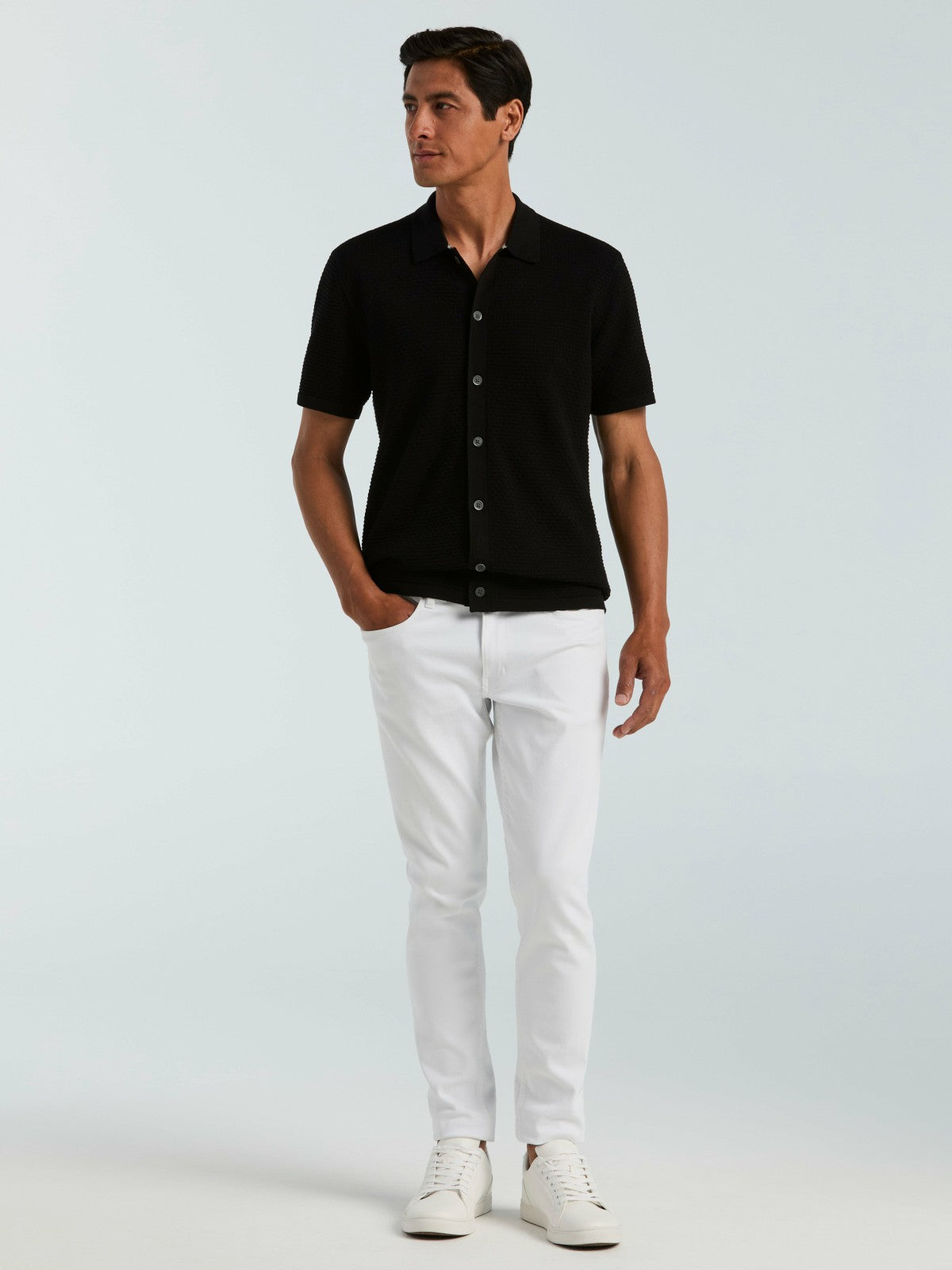 Cotton Wavy Knit Button Front Sweater -  Perry Ellis US