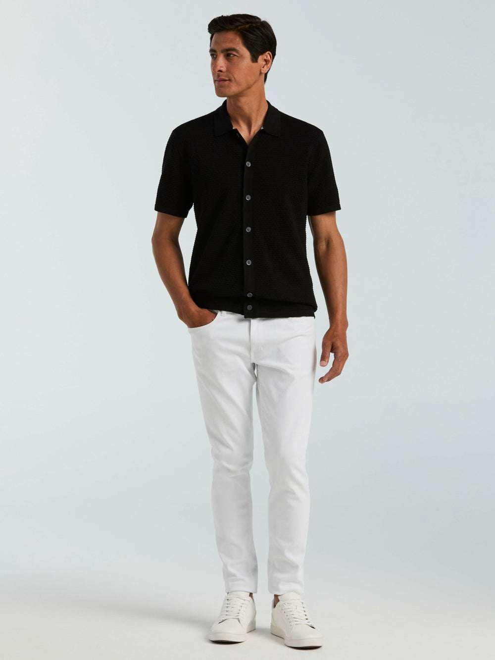 Cotton Wavy Knit Button Front Sweater -  Perry Ellis US