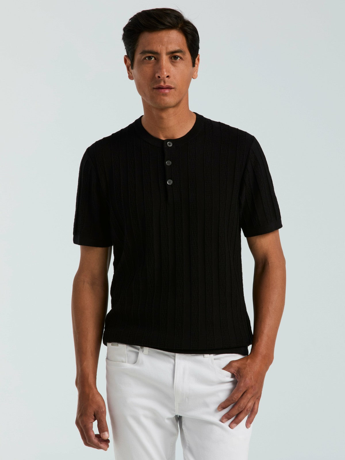 Cotton Textured Striped Button Crew Neck Sweater -  Perry Ellis sale