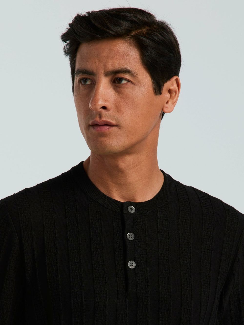 Cotton Textured Striped Button Crew Neck Sweater -  Perry Ellis sale
