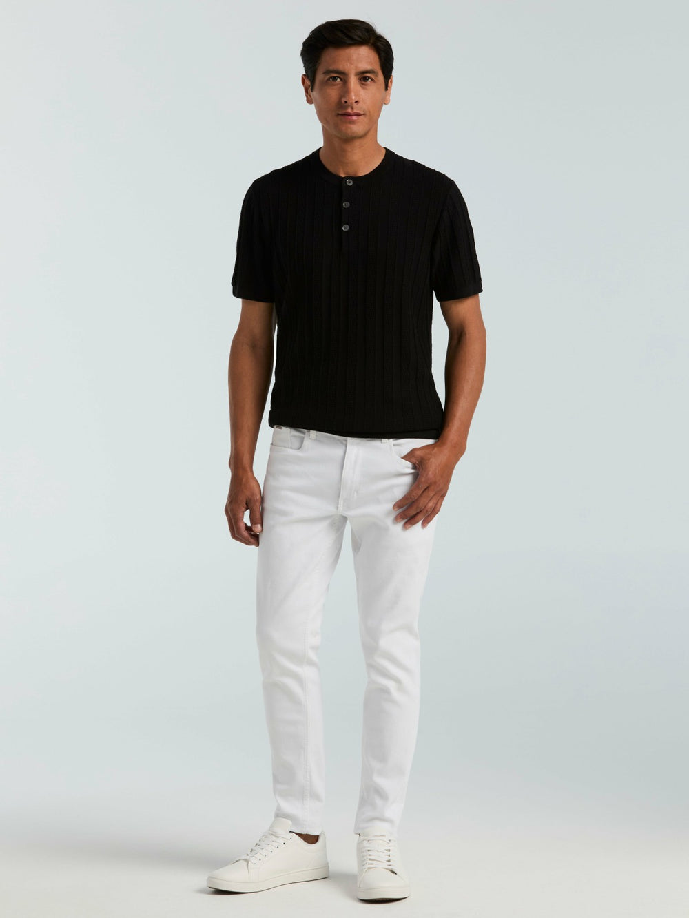 Cotton Textured Striped Button Crew Neck Sweater -  Perry Ellis sale