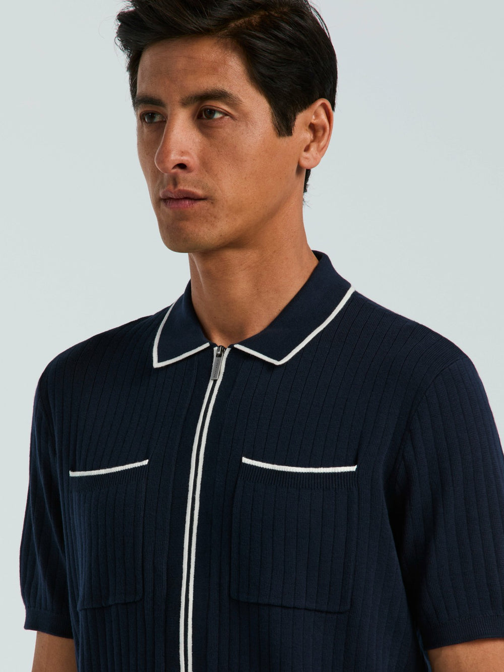 Cotton Tipped Ribbed Full Zip Sweater -  Perry Ellis for sale