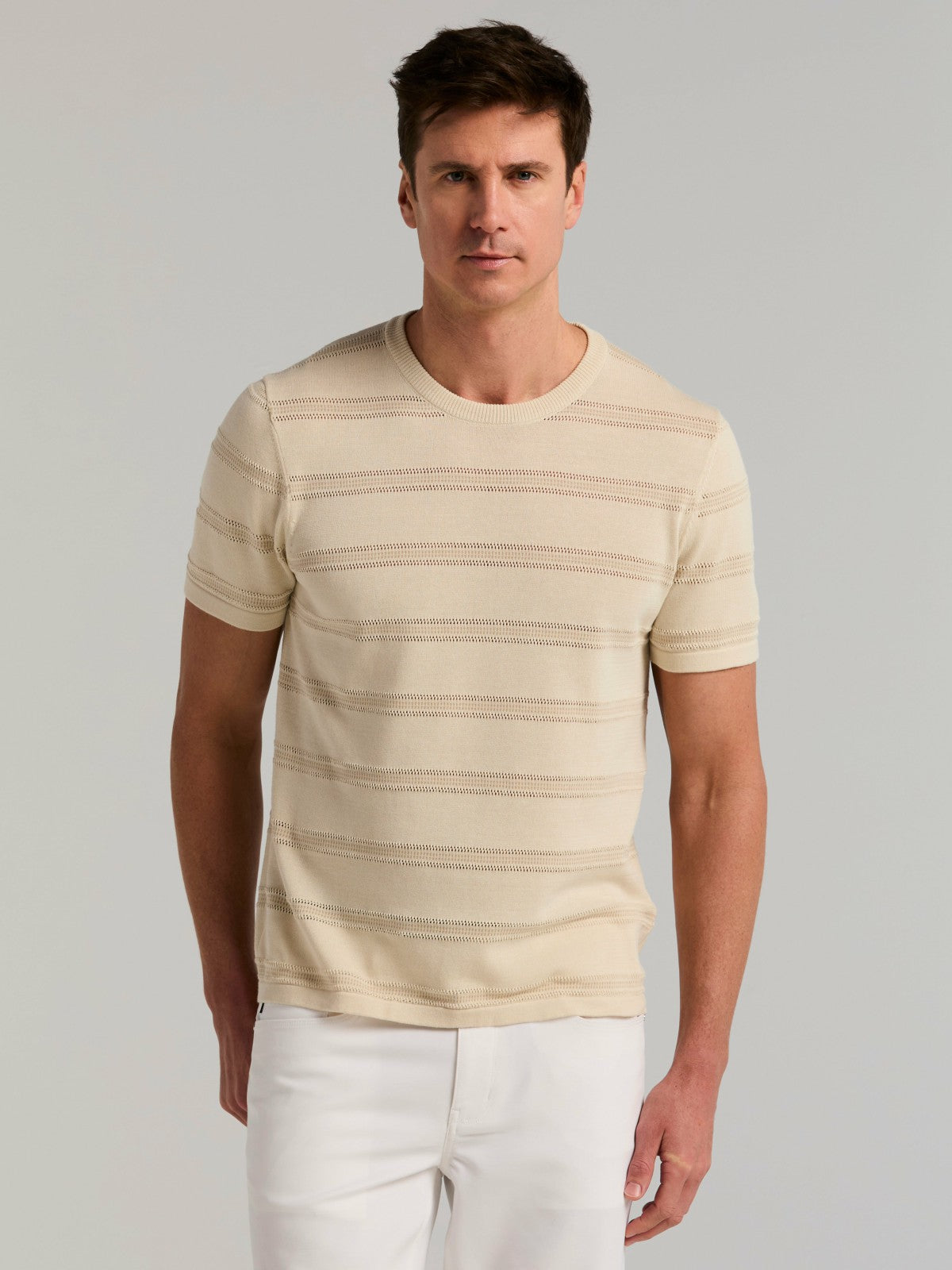 Cotton Mesh Striped Crew Neck Sweater Tee -  Perry Ellis on sale