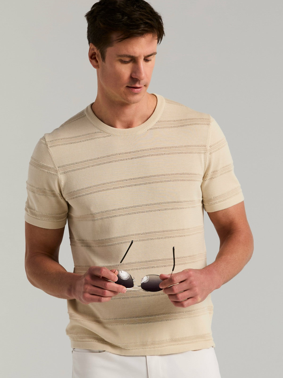 Cotton Mesh Striped Crew Neck Sweater Tee -  Perry Ellis on sale