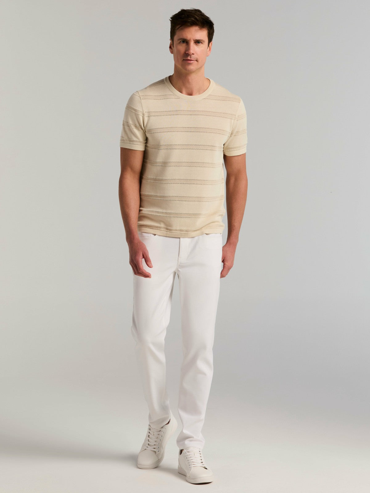 Cotton Mesh Striped Crew Neck Sweater Tee -  Perry Ellis on sale