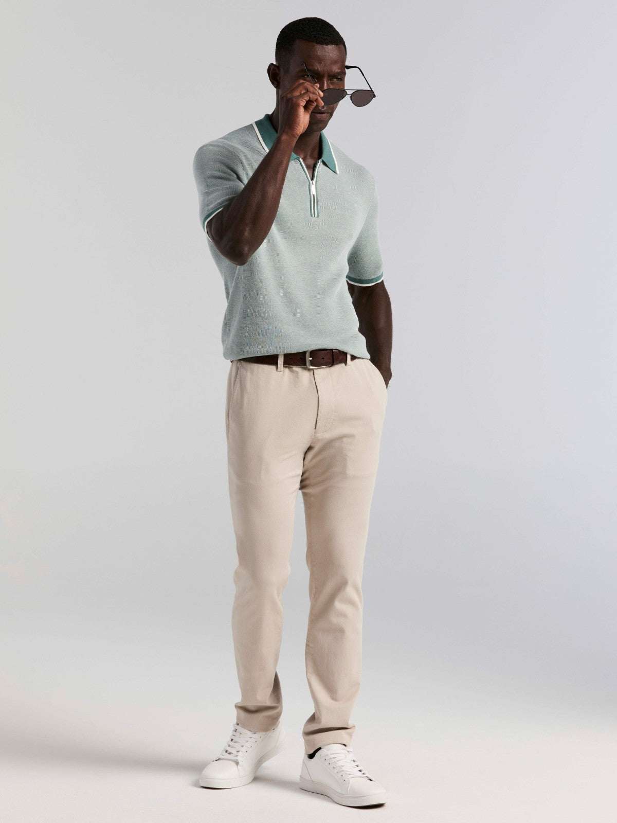 Bi-Color Stitch Zip Polo -  Perry Ellis online