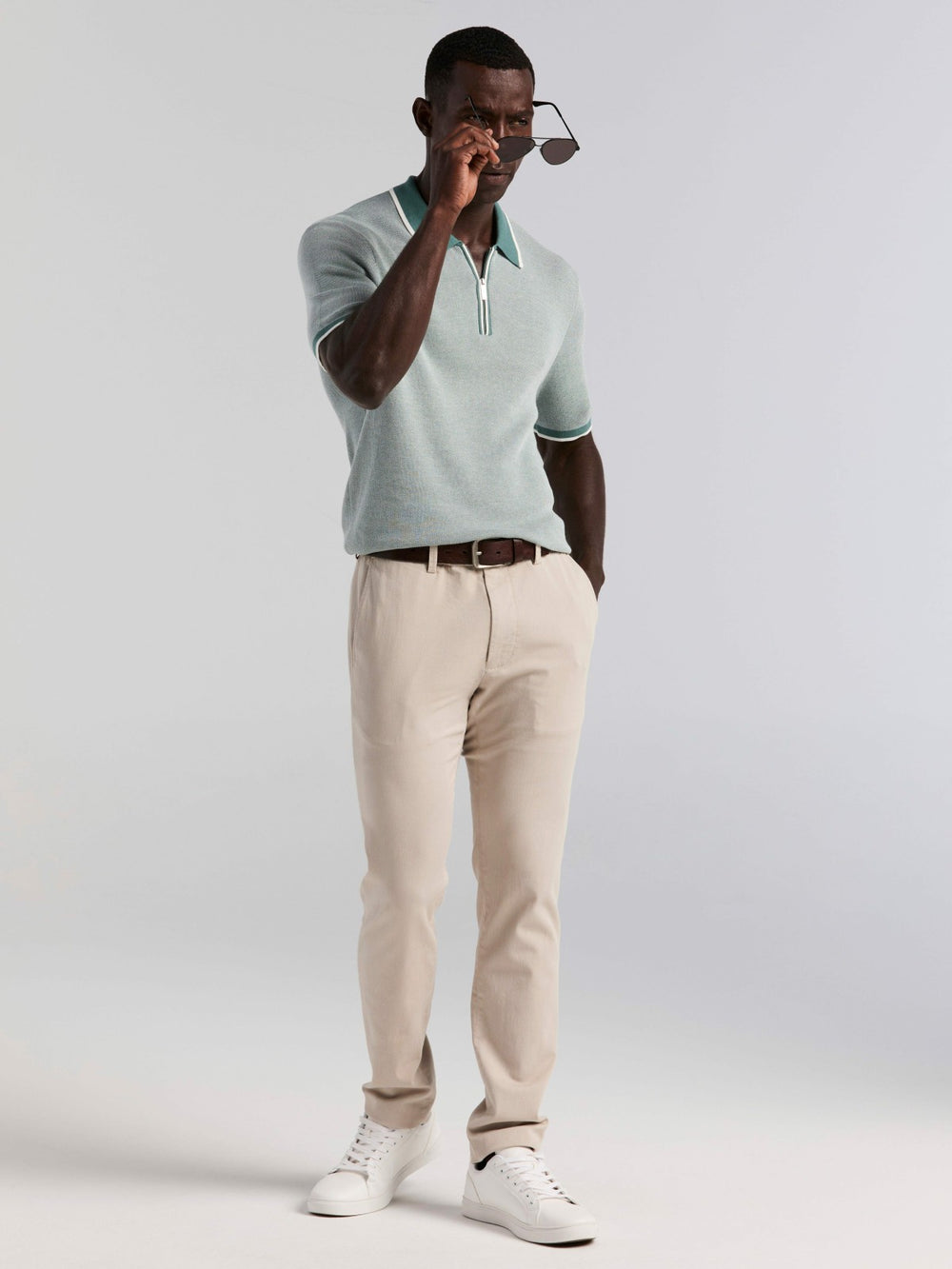 Bi-Color Stitch Zip Polo -  Perry Ellis online
