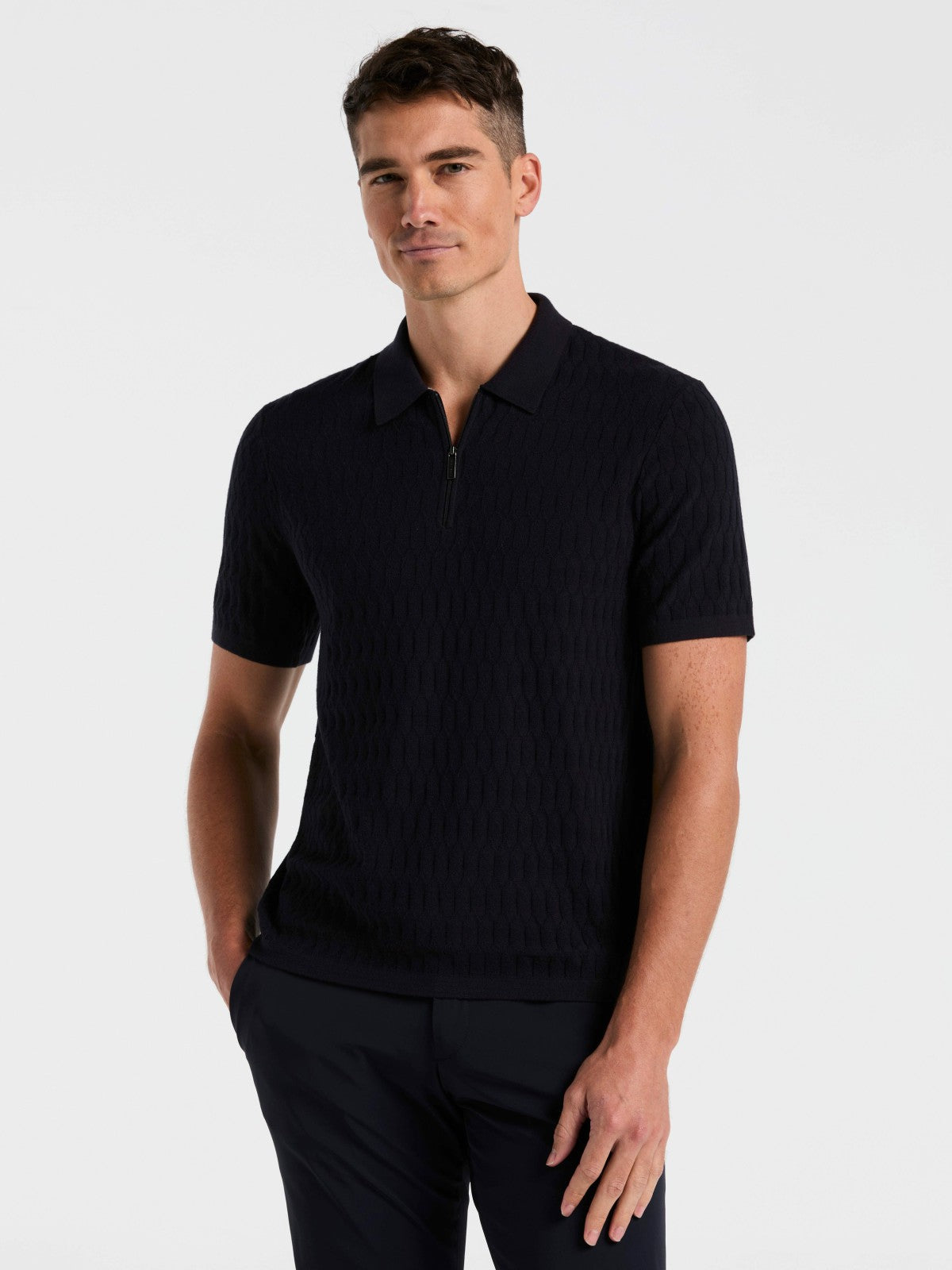 Geometric Pattern Zip Polo Sweater -  Perry Ellis sale