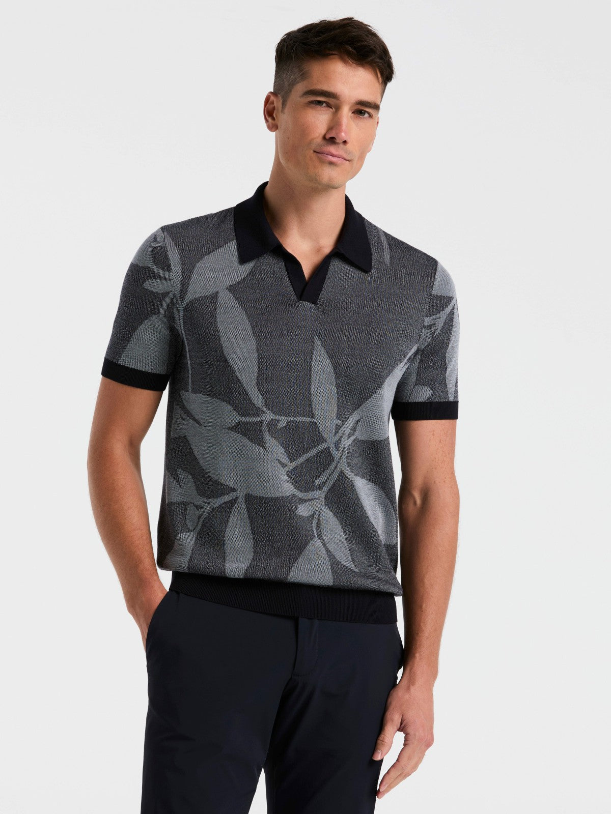 Leaf Print Open Collar Sweater Polo -  Perry Ellis for sale