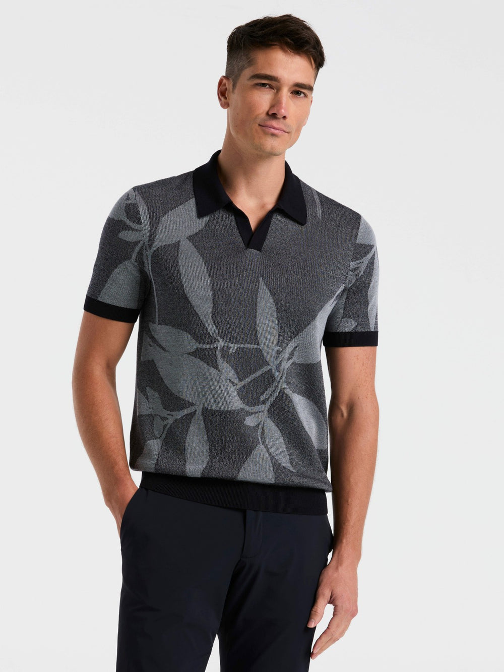 Leaf Print Open Collar Sweater Polo -  Perry Ellis for sale