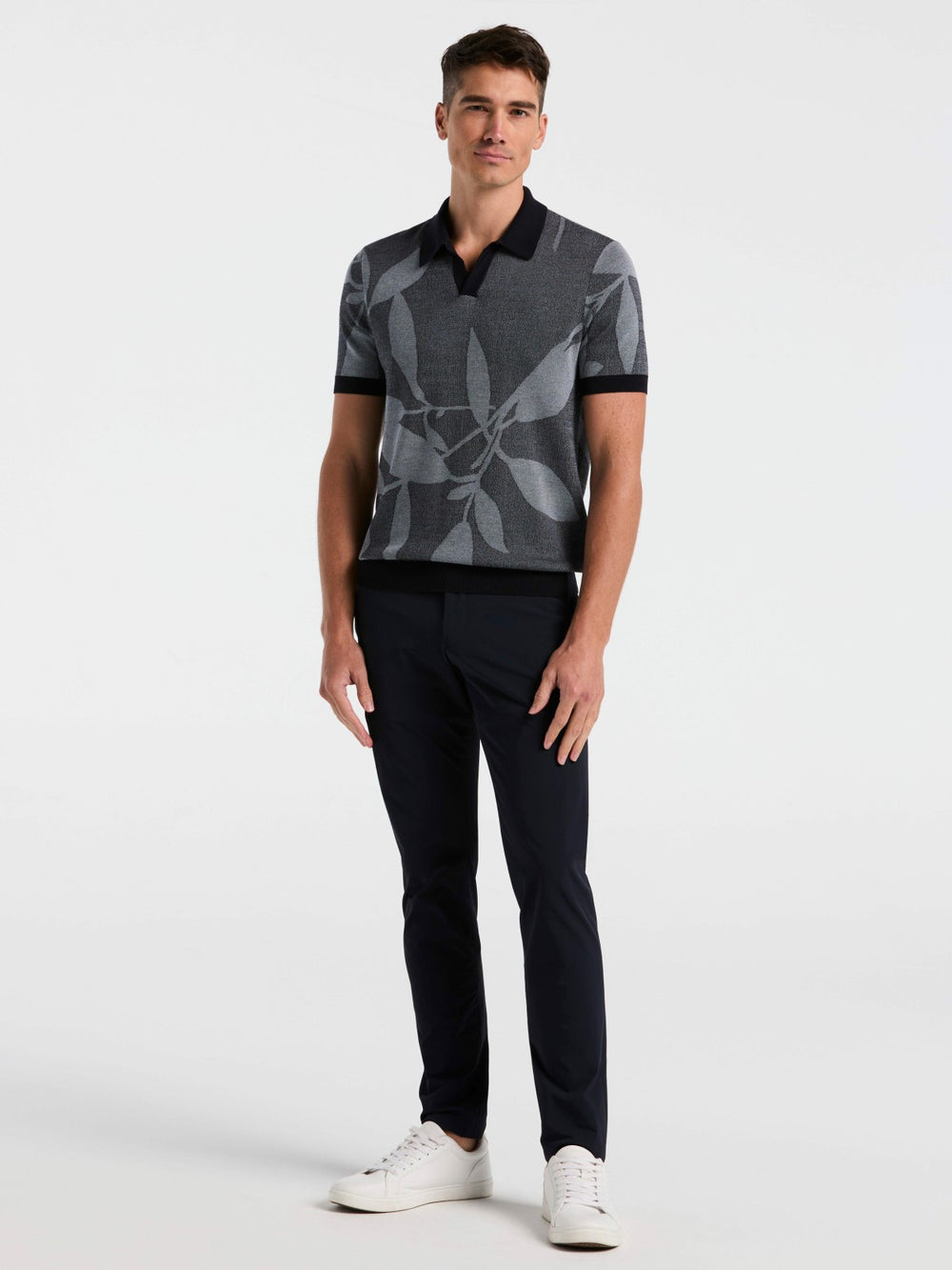 Leaf Print Open Collar Sweater Polo -  Perry Ellis for sale