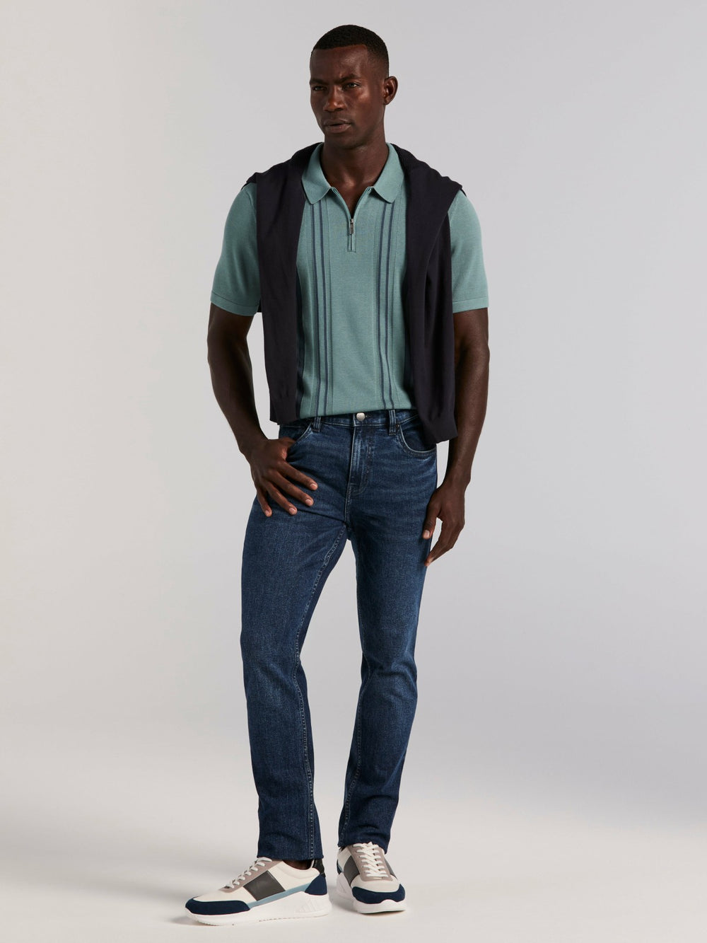 Cotton Modal Striped Zip Sweater Polo -  Perry Ellis discount