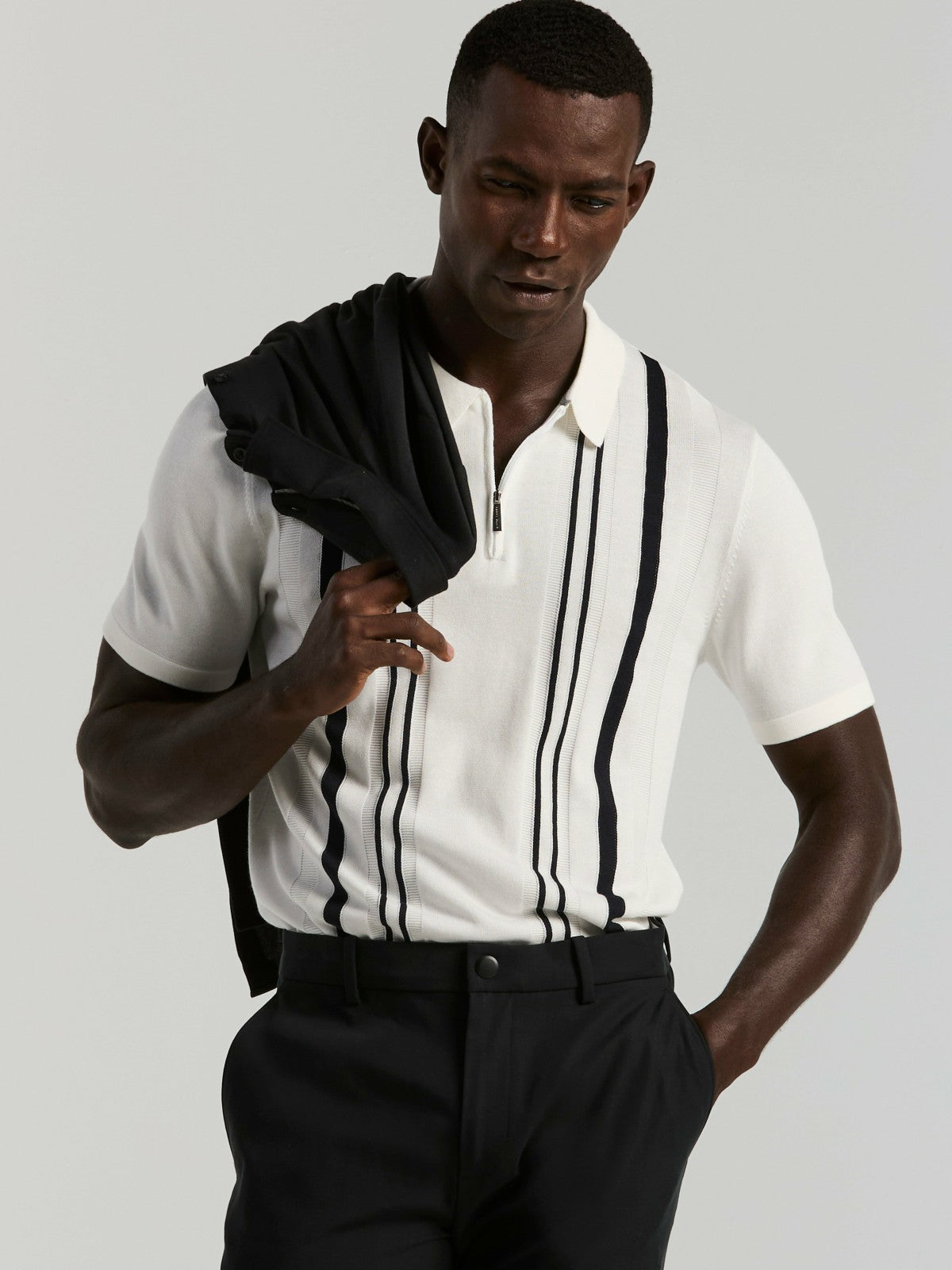 Cotton Modal Striped Zip Sweater Polo -  Perry Ellis discount