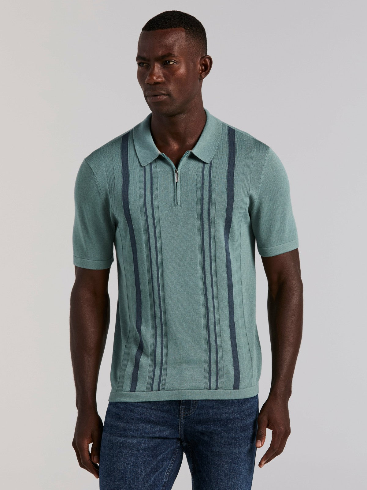 Cotton Modal Striped Zip Sweater Polo -  Perry Ellis discount