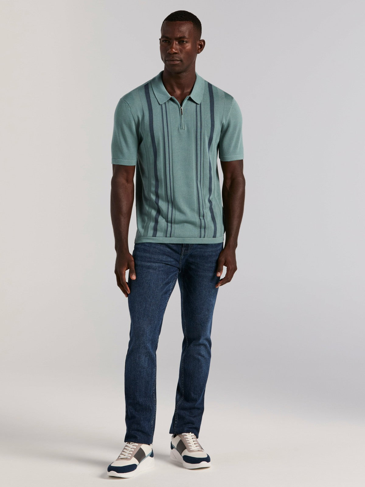 Cotton Modal Striped Zip Sweater Polo -  Perry Ellis discount