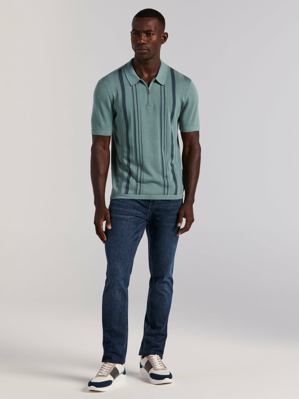 Cotton Modal Striped Zip Sweater Polo -  Perry Ellis discount