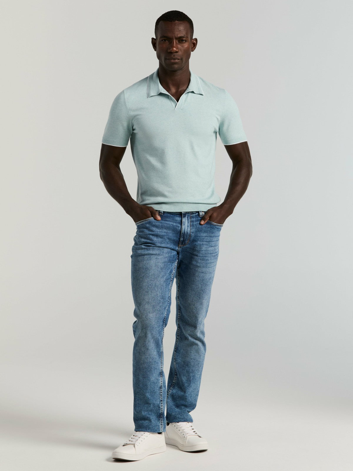 Tech Knit Open Collar Tipped Sweater Polo -  Perry Ellis for sale