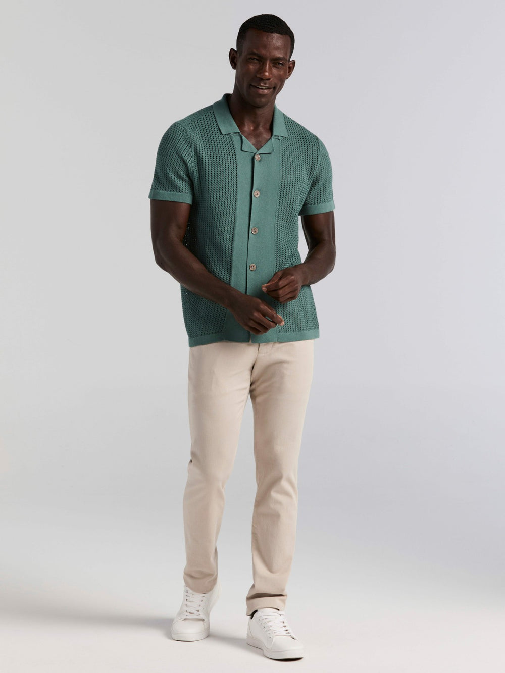 Cotton Jacquard Open Stitch Button Front Sweater -  Perry Ellis discount