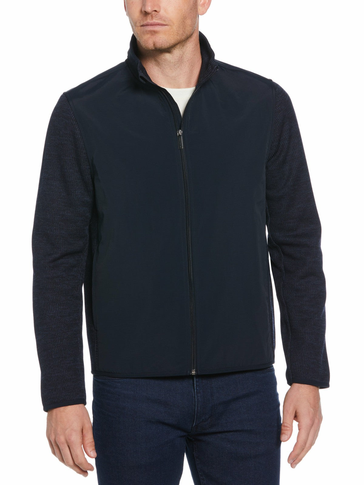 Heathered Full Zip Mock Neck Fleece Jacket -  Perry Ellis on sale